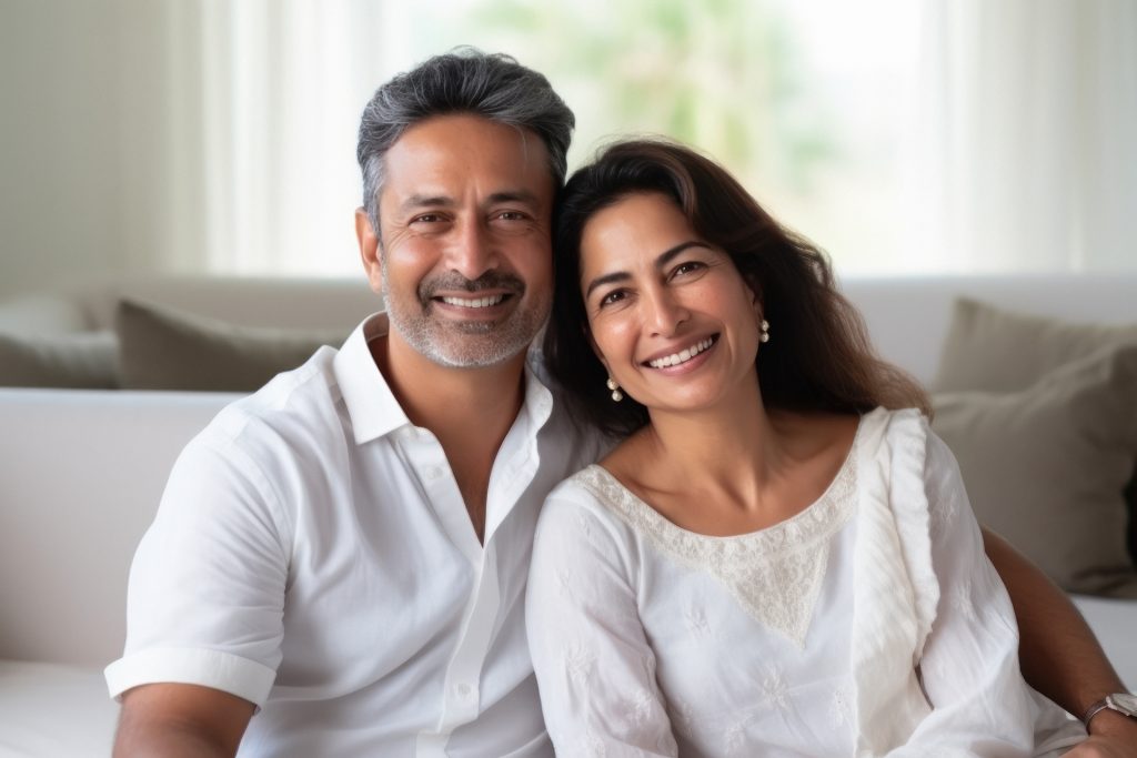Smiling couple sitting together at home