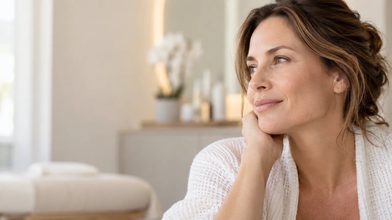 Woman with smooth, healthy skin along the jawline and cheek